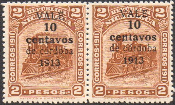 Nicaragua stamps 1913 surcharges Locomotive 10c / 2 Pesos normal and 'v' varieties 
